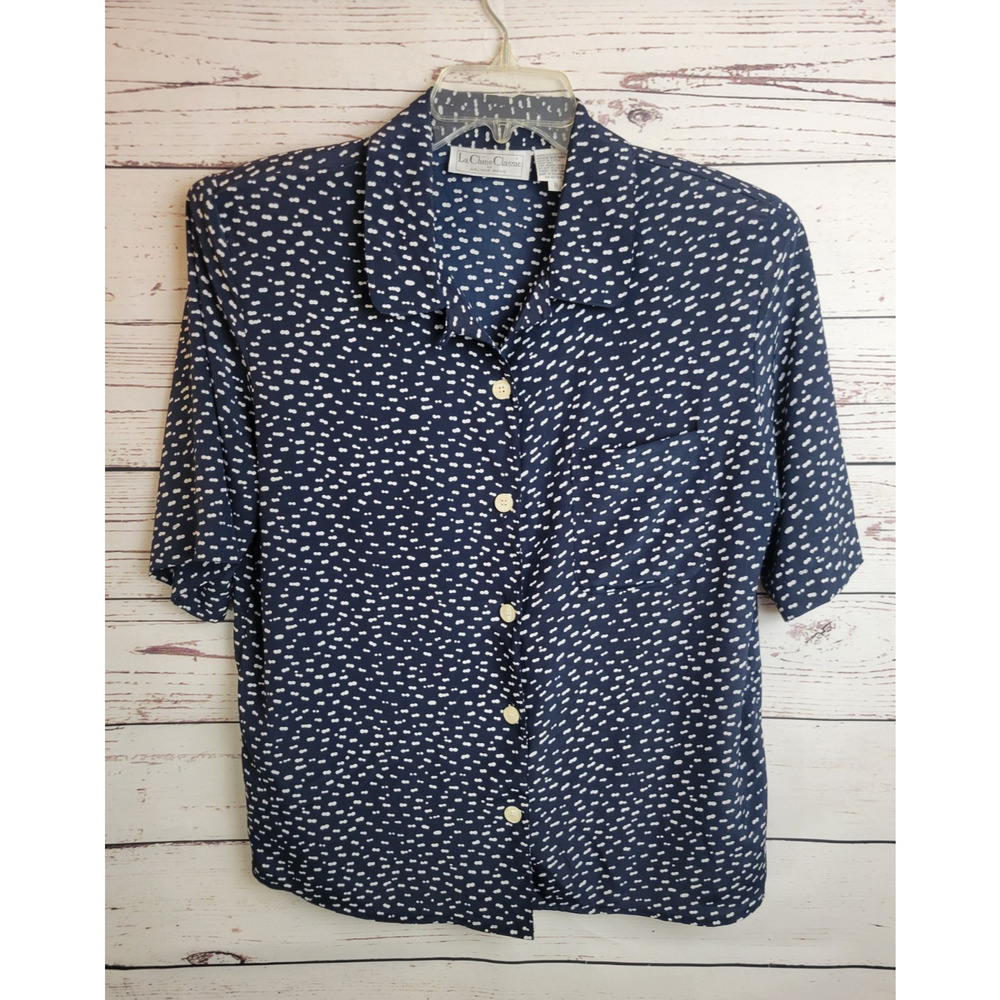 La Chine Galinda Wang Button Down‎ Shirt Top Classic Navy Blue White Dot Size 8